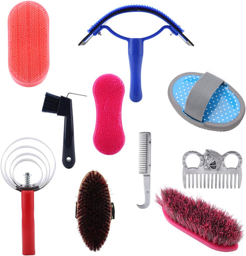 Spryflower 10Pcs Horse Grooming Care Kit, Equestrian Brush and Curry Comb Set, Complete