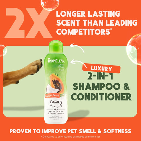 2-in-1 20oz. TropiClean Dog Shampoo and Conditioner, Moisturizing Dog Detangler, Puppy Safe, Made in the USA, Papaya