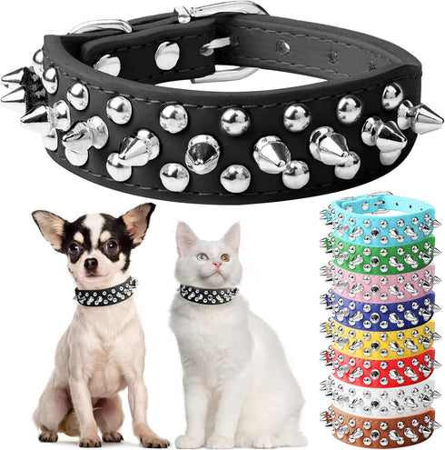 Spiked Dog Cat Collar, Male Black Soft Leather Spike Puppy Collars Adjustable for Small Medium Large Dogs Chihuahua
