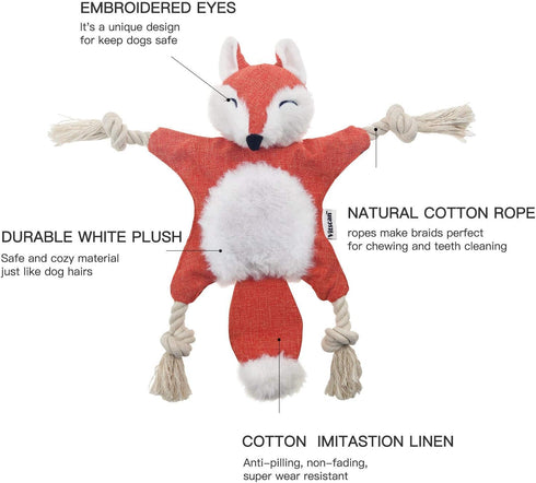 Fox Dog Toy with Squeaker - Stuffless Plush Dog Toy, Durable Chew Toy for Puppies with Embroidery Design