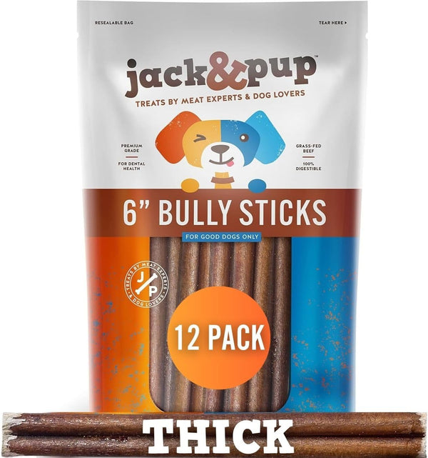 Jack&Pup 6 Inch Thick Bully Sticks for Dogs (12 Pack) Bully Stick