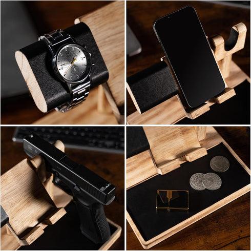 DGWJSU Pistol Rack for Gun Safe, Wood Handgun Rack Holder for Gun, Phone Docking Station as Nightstand Organizer as