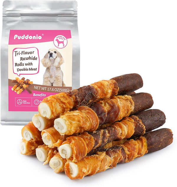 Dog Treats, Triple Flavor 6 Inch Rawhide Rolls, Chicken Duck and Chicken
