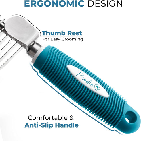 Poodle Pet Dematting Fur Rake Comb - Dog and Cat Comb with Long Steel Safety Blades for Detangling