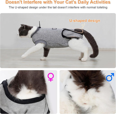 DogLemi Cat Surgery Recovery Suit - Breathable Cotton Onesie for Male Female After Spay Neuter (XS)