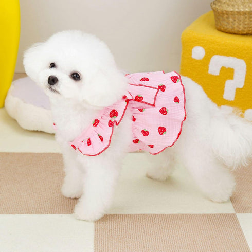 Dog Dresses for Small Dogs, Cute Cotton Summer Clothes with Bow Decor, Strawberry Birthday Outfit