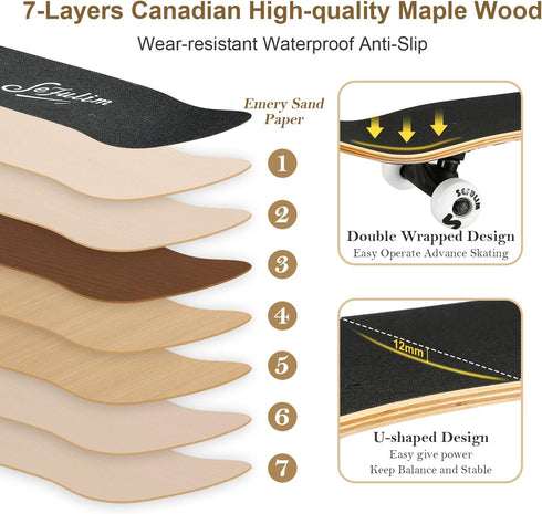 Sefulim Complete Skateboard - 31 x 8 Inch 7 Layer Canadian Maple Double Kick Deck for Boys Girls Teens Adults