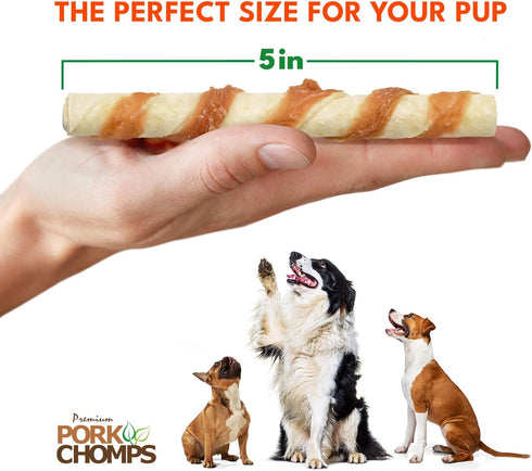 5 Inch 12 Count Pork Chomps Baked Pork Skin Dog Chews, Mini Twists, - Real Chicken Wrap - Long-Lasting Treats for Dogs
