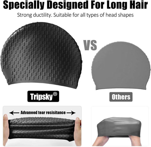 Tripsky Silicone Swim Cap, Comfortable Bathing Cap for Curly Short Medium Long Hair, Ideal for Swimming and Showering