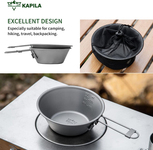 KAPILA 300ml Titanium Bowl with Folding Handle, Portable Camping Picnic Tableware
