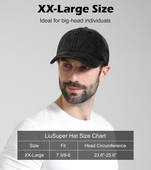 XXL Hats for Men, Low Profile Baseball Cap for Women, Oversized Washed Plain Denim Hat