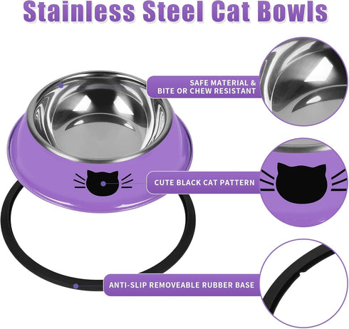 2 Pcs Non-Slip Stainless Steel Small Cat Food Bowls, 7 Oz, Unbreakable with Removable Rubber Base