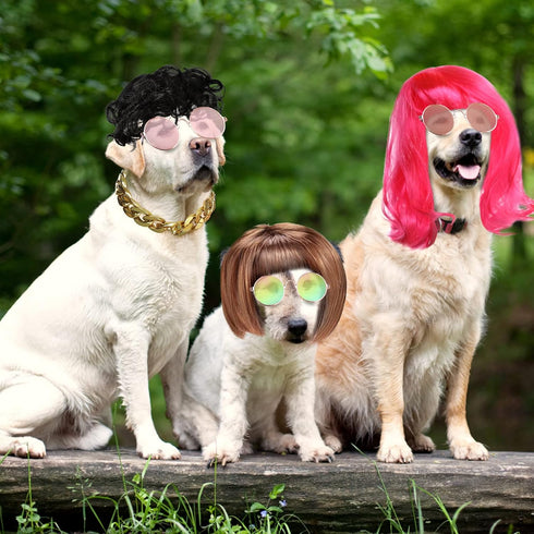 3 Pieces Dog Cosplay Wig, Cat Wigs, Classic Funny Pet Accessories Include 3 Pieces Retro Pet Round Sunglasses and 1