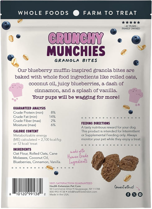(5oz Health Extension Crunchy Munchies Granola Bites Blueberry Ruffin Flavor, Natural Limited Ingredient Dog Treats