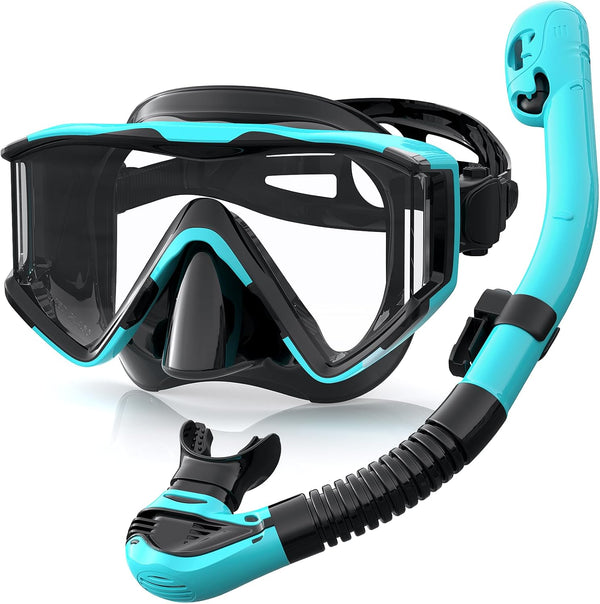 Greatever Snorkel Set Adult, Pano 3 Window Snorkel Mask, Anti-Fog Scuba Diving Mask, Dry Top Snorkel Goggles