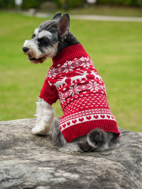 Red Christmas Dog Sweater, Reindeer Holiday Festive Outfit for Dogs, Medium M Size 13" Back Length