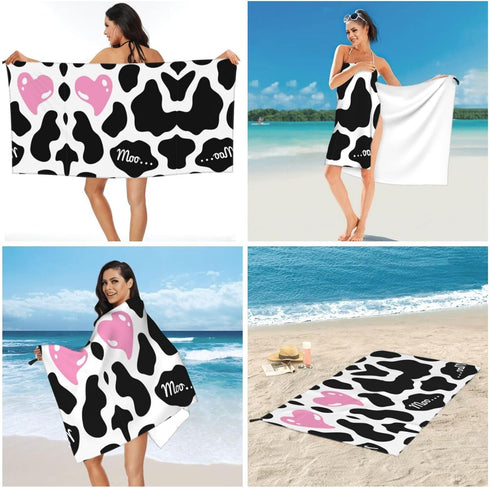 LHBALXQHTY Black White Milk Cow Print Quick Dry Towel with Hanging Loop and Storage Bag for Travel, Gym, Camping