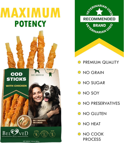 Beloved Pets Cod Sticks Dog Treats, Chicken Wrapped, All Natural, Rawhide-Free, Grain-Free, Long Lasting Chews