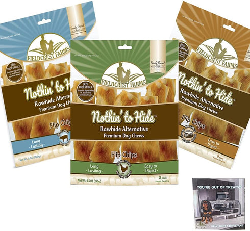 Fieldcrest Farms Premium Natural Rawhide Alternative Flip Chips for Dogs, 3 Pack Bundle (Chicken, Beef, Peanut Butter)