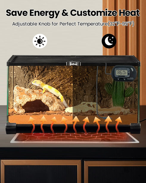 MQ Reptile Terrarium Heat Pad with LCD Digital Aquarium Thermometer, 5.5 x 6in Power Adjustment Heater Mat