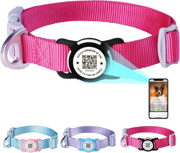 ADVENTUREMORE Airtag Nylon Dog Collar, Fits Different Size Dogs with QR Code Tag, Waterproof-Rose-Medium