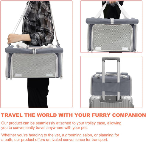 Texsens Pet Carrier - Soft-Sided Cat Carrier for Small/Medium/Large Cats & Puppies Up to 16 lbs, TSA Approved (Grey)
