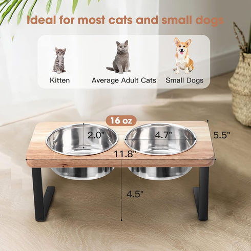 Elevated Cat Bowls, 15° Tilted Raised Wood Pet Bowls with Stand, Anti Vomiting 2 Stainless Steel Bowls for Cats