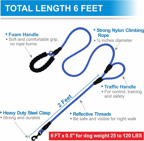 Dog Leash 6ft, Double Handle with Padded Handle, Reflective Double Loop for Large Medium Dog Control Safety Training,