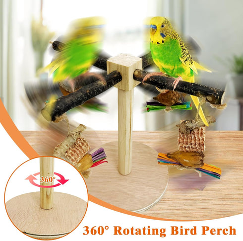 Finches Rotating Bird Perch Stand Toy Natural Wooden Parakeet Toys with Edible Chew Toy Interactive Spinning Toy Bird
