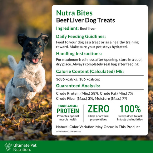 ULTIMATE PET NUTRITION Nutra Bites Freeze Dried Raw Single Ingredient Training Treats for Dogs, 4 Ounces, Beef Liver