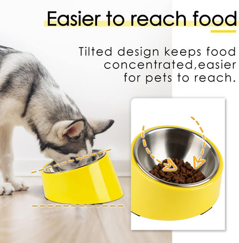 SuperDesign Mess Free 15° Slanted Bowl for Dogs and Cats, Tilted Angle Bulldog Bowl Dog Feeder, Non-Skid & Non-Spill, Easier to Reach Food S/0.5 Cup Bright Yellow