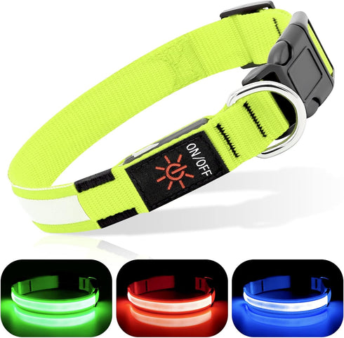BSEEN Light Up Dog Collar, Rechargeable LED Reflective Pet Glow Collar for Night Walking (Neon Green, Medium)