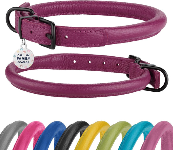 Rolled Leather Dog Collar - Soft Round Collars with ID Tag for Small, Medium, Large Dogs (11-14 inch, Pink Berry)