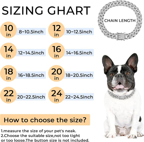 Dog Chain Collar, Silver Dog Necklace Diamond Cuban Link 13mm Wide Metal Pet Collar for Large Medium Small Dogs