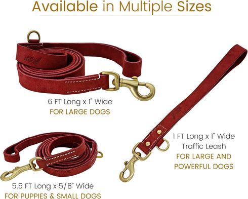Blazing Paws Vibrania Heavy Duty Dog Leash, 6 Ft Thick Distressed Leather, Cherry Red with Side Ring (6 Ft L x 1" W)