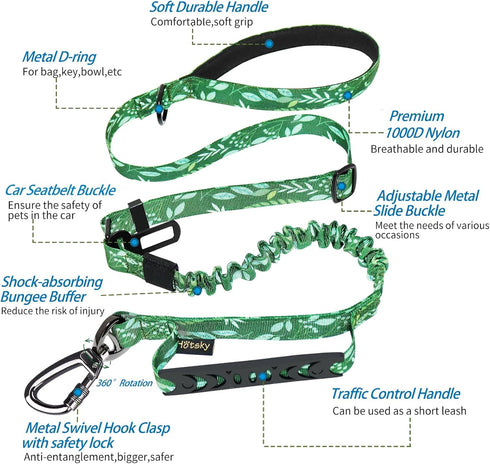 Hotsky Heavy Duty Tactical Bungee Dog Leash with Car Seat Belt and Double Handle for Medium Large Dogs, 4-6ft, Green
