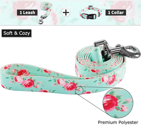 Ihoming Dog Collar and Leash Set for Daily Outdoor Walking, Floral Spring Design for Large Dogs and Cats