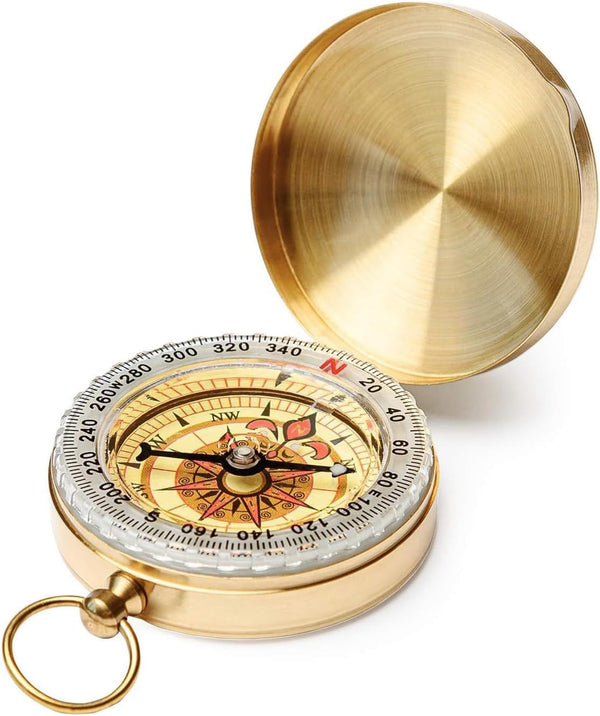 NeoLum Brass Pocket Compass with Luminous Dial, Golden Vintage Pocket Watch Style Compass,