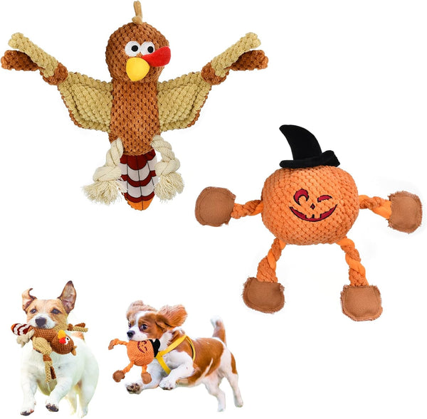 Vehomy Halloween Dog Toys - Squeaky Pumpkin & Turkey Chew Toy for Small & Medium Dogs (2Pcs).