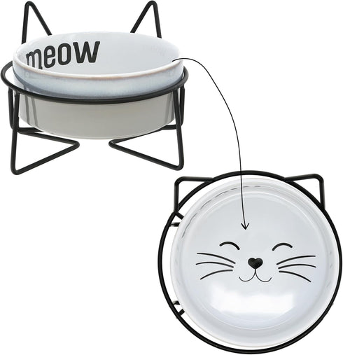 Pavilion Meow Kitty Cat Ceramic Dish Bowl, 13 oz Food Water Meal Time Stoneware with Metal Iron Stand, Pet Accessories