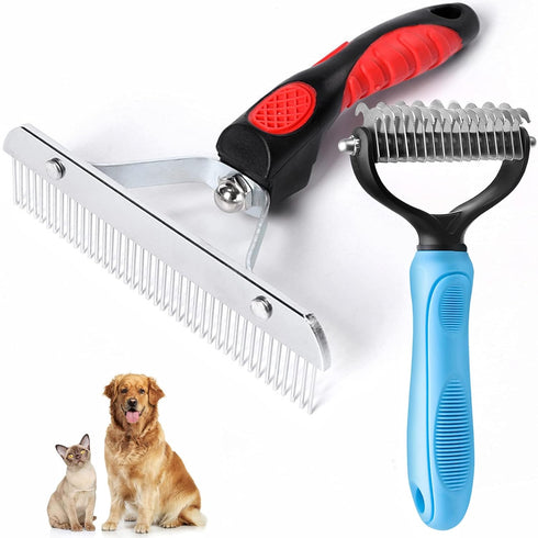 Undercoat Rake for Dogs, Long Tooth Grooming Rake + Deshedding Brush Comb for Medium Large Dogs & Longhair Cats