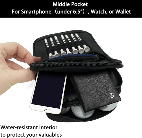 Golf Ball Bag Pouch with Front Tee Holder, Detachable Clip for 12-15 Balls, Zipper Pockets