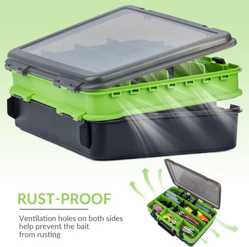 THKFISH Fishing Tackle Box Organizer, Double Layer Storage Box with Adjustable Dividers, 14.96 * 10.23 * 4.5in Green