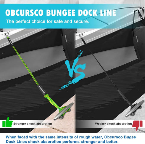 Obcursco 3FT Bungee Dock Lines, Boat Dock Rope, Jet Ski Accessories with 316 Stainless Steel Clip (2 Pack, Black)