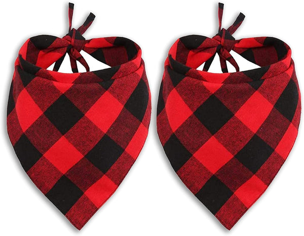 Pohshido 2 Pack Dog Cat Buffalo Plaid Bandanas, Checkered Red Flannel Triangle Bibs for Pets (Large)