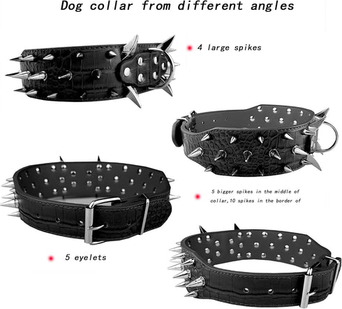 New Spiked Dog Collar, Protecting Neck from Biting, Spiked Studded Pet Collar for Small Dogs, 2" Width, Black (Fits