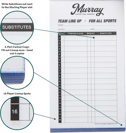 Murray Sporting Goods Baseball/Softball Lineup Cards - 30 Games with 16 Player Roster Lineup Sheet (4-Part Carbon