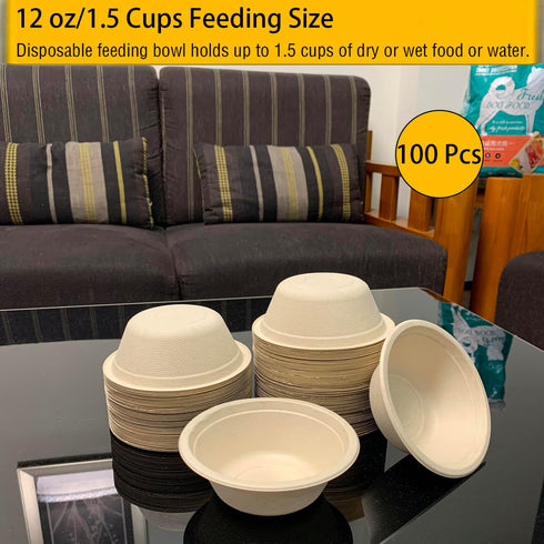 JETKONG 12 oz/1.5 cup Disposable Dog Bowls 100pk, 100% Compostable Paper Feeding Bowls for Dry and Wet Dog Food
