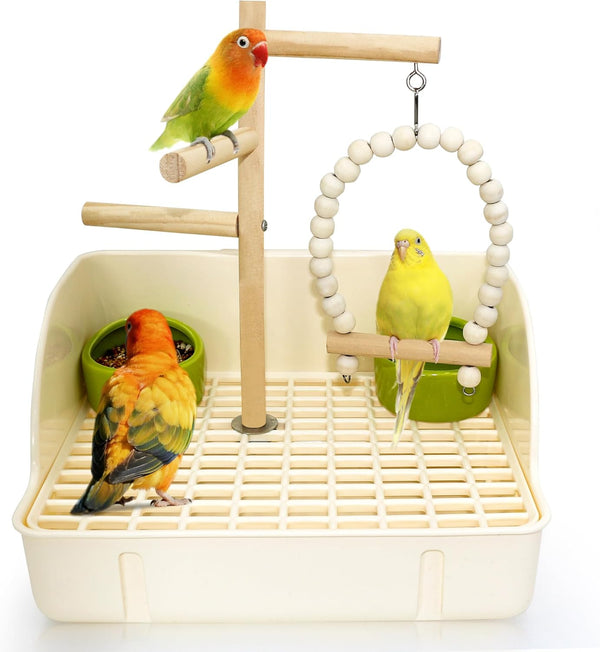 3 in 1 Bird Playground Stand Tabletop with Large Tray, Wooden Bird