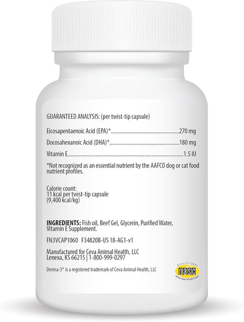 Ceva Derma-3 Softgels - Omega-3 Fatty Acid & Vitamin Supplement for Small Dogs + Cats (60 Count)